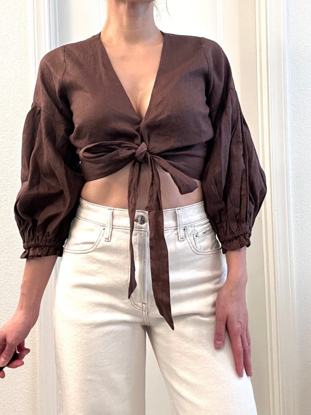 DISSH Brand New 100% Linen Front/Back Tie  Boho Croptop size 8/M Brown